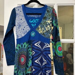 Desigual Maxi Dress Mixed Patterned Long Sleeve Boho Colourful Hippie Dopamine